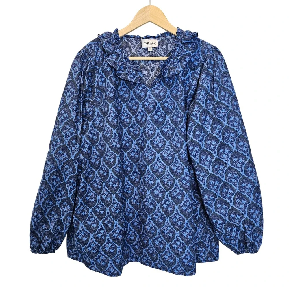 Washco‎ Blue Cotton Ruffle Long Sleeve Folk Blouse Heritage Floral Size XL - Picture 2 of 9